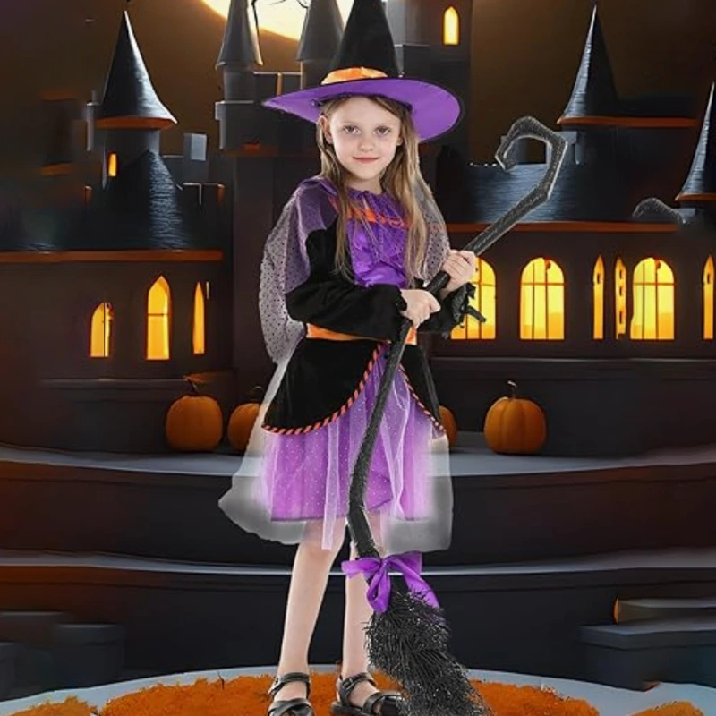 Fantasia de bruxa infantil para desfile de Halloween com capa brilhante