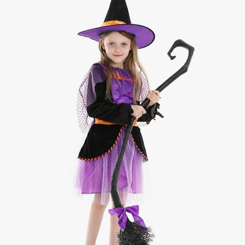 Sessão fotográfica de Halloween vestido roxo brilhante de bruxa infantil