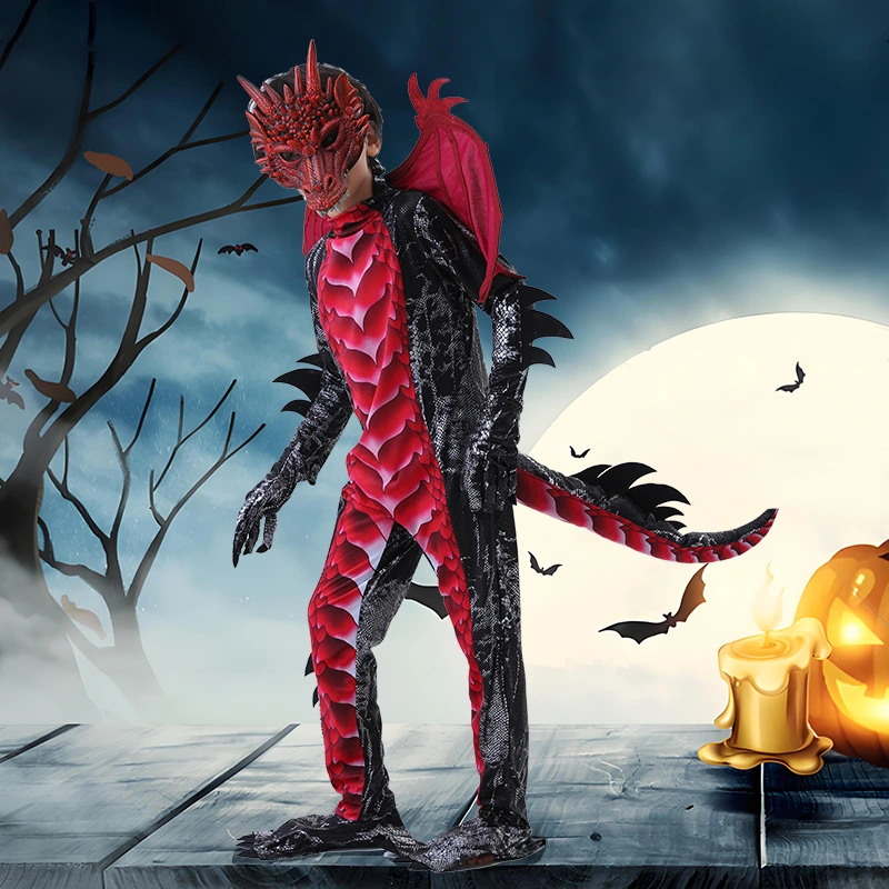 Sessão fotográfica de Halloween fantasia de dragão infantil vermelho e azul